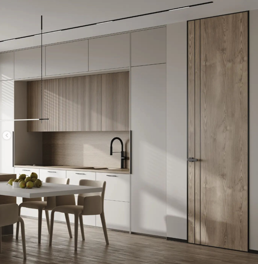 Bloc porte invisible affleurante cpl aspect bois cendré clair 2 filets décor horizontaux