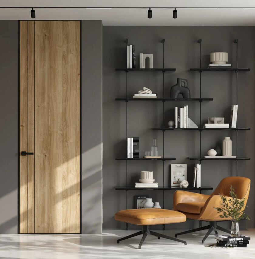 Bloc porte invisible affleurante cpl aspect bois cendré clair 2 filets décor horizontaux