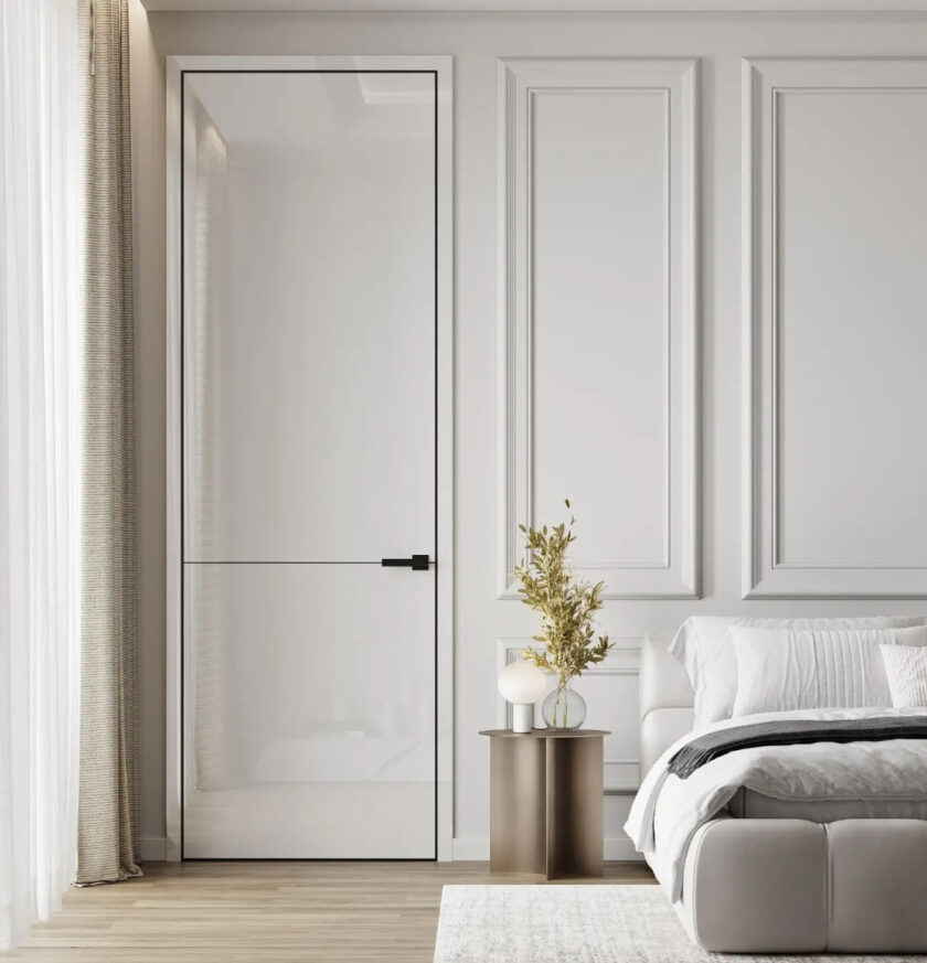 Porte affleurante blanche finition brillante presque invisible avec filet noire ligne design