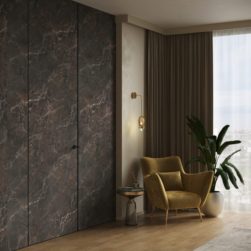 bloc porte affleurante invisbile aspect marbre brun foncé