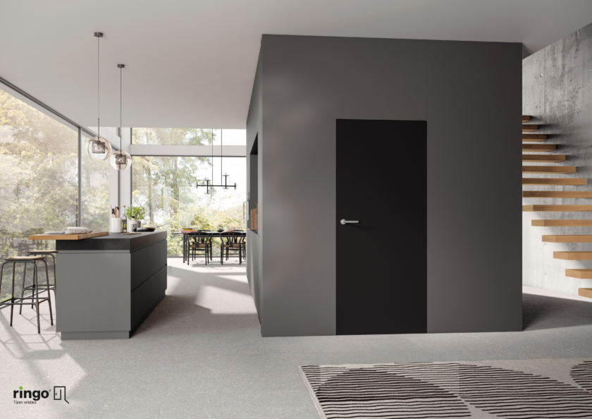 Porte interieur affleurante laque noire avec poignee grise piece design