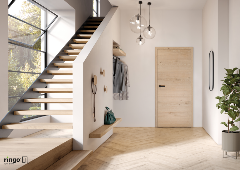 Porte interieur chambranle aspect bois clair blanchi ambiance douce et cosy