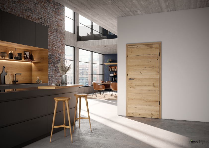 Porte interieur chambranle feuillure aspect bois effet brut