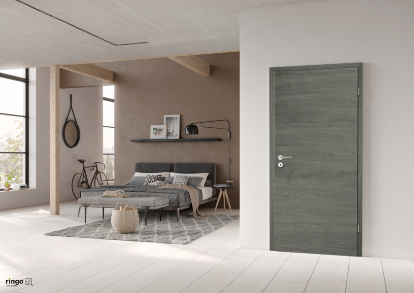 Porte interieur CPL chambranle feuillure aspect bois sombre