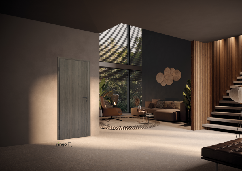 Porte feuillure chambranle foncé aspect bois CPL