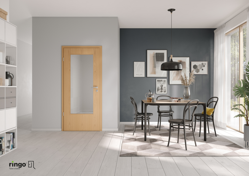 Porte feuillure chambranle avec vitrage grand et central rectangle