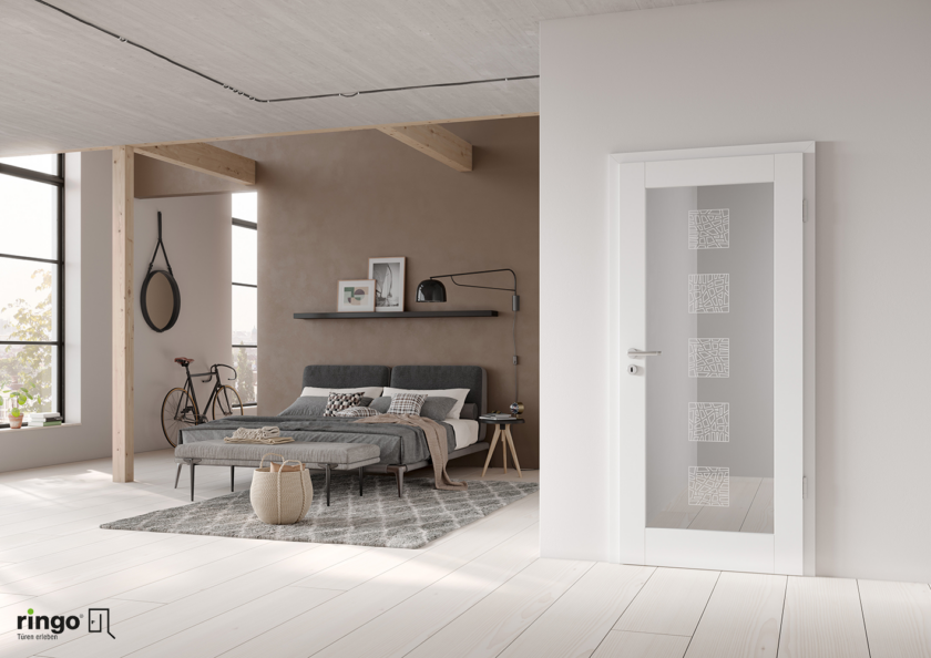 Porte feuillure chambranle blanche vitrage motif et décor