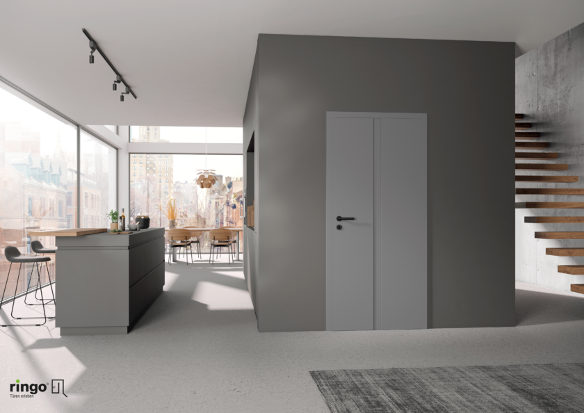 Porte chambranle grise grise 1 rainure horizontale poignée noire chic et design