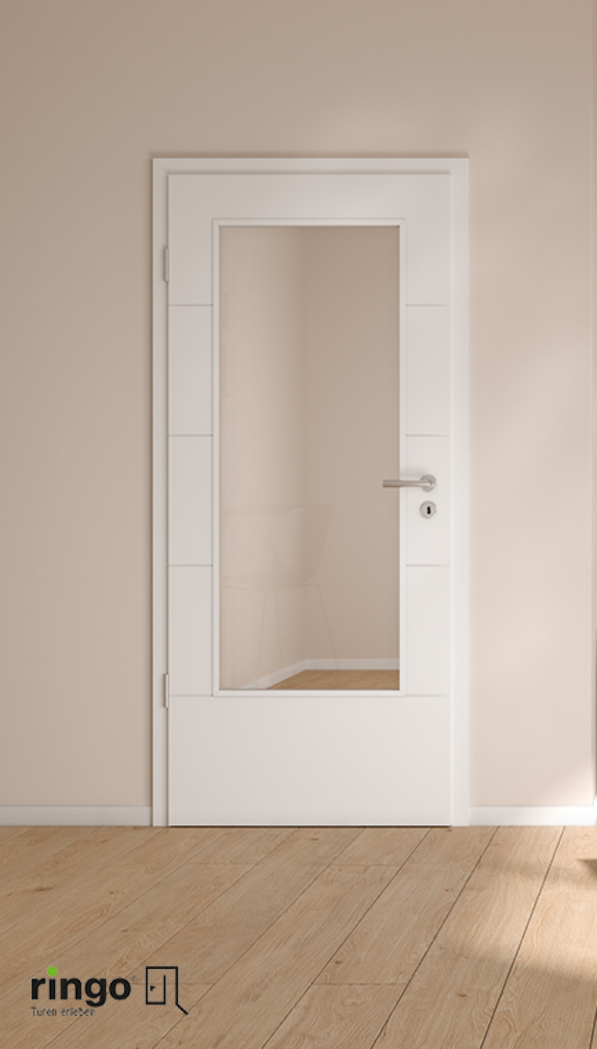 Porte blanche rainures et grand vitrage rectangle