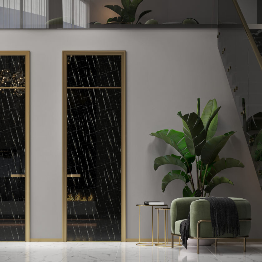Porte chambranle effet marbre noir cadre doré poignée doré
