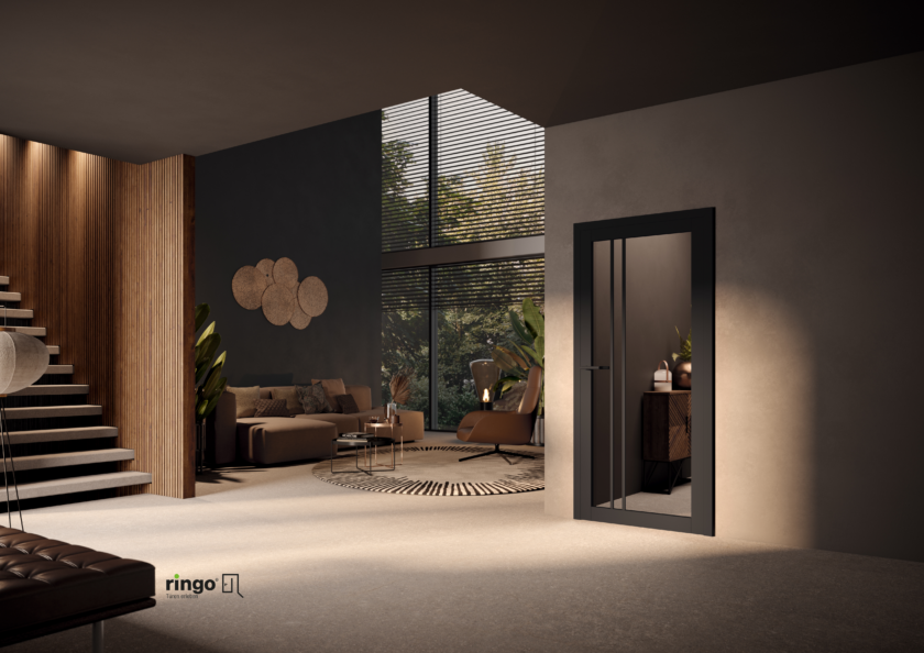 Porte noire avec 2 filets horizontaux tendance vitre teintée noire entièrement vitrée