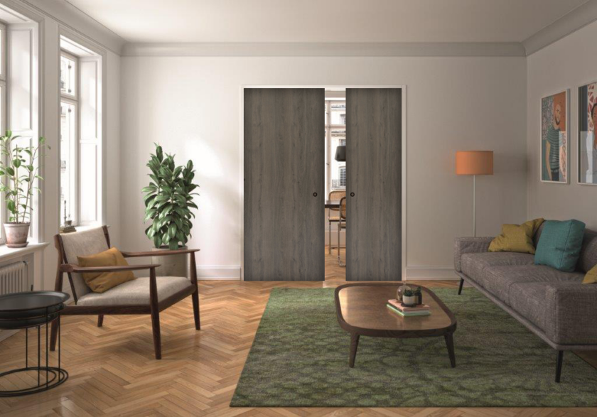 Porte double aspect bois foncé CPL coulissante sur chassis