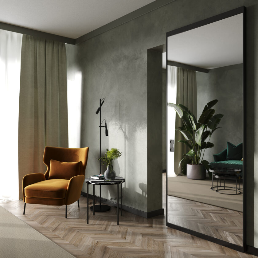 Porte coulissante invisible miroir cadre noir