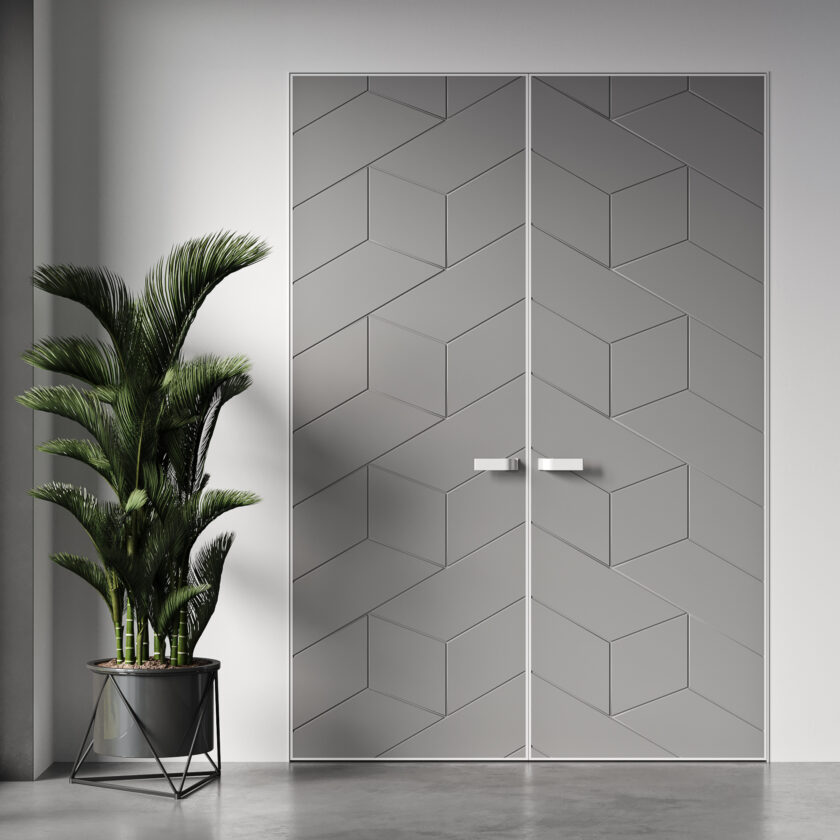 Porte double grise clair avec décor motif alvéolaire rainure
