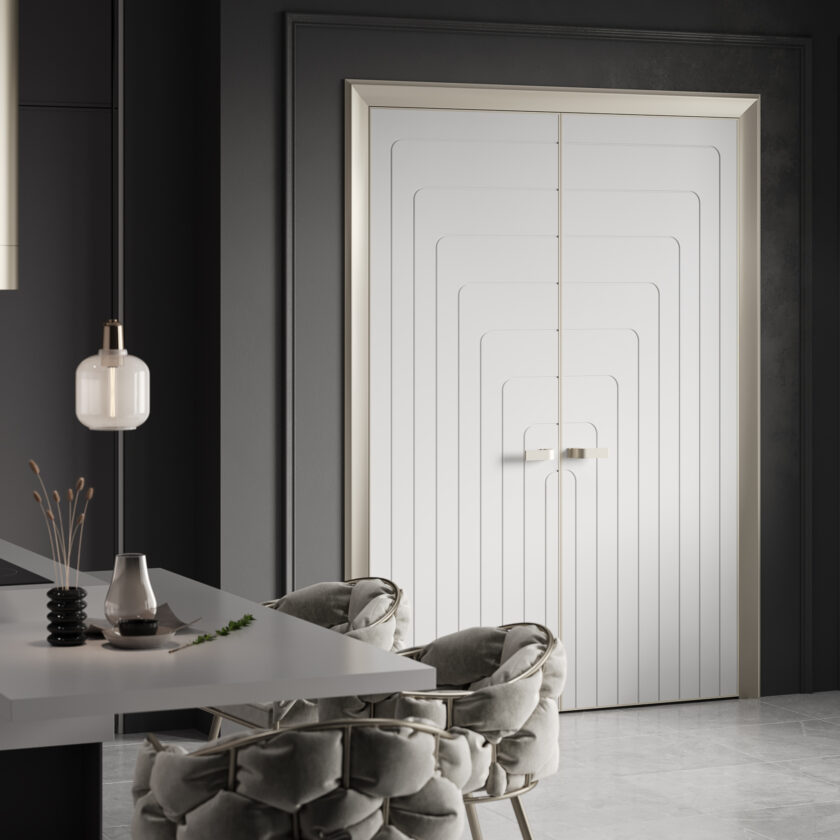 Porte double blanche à motif traits verticaux