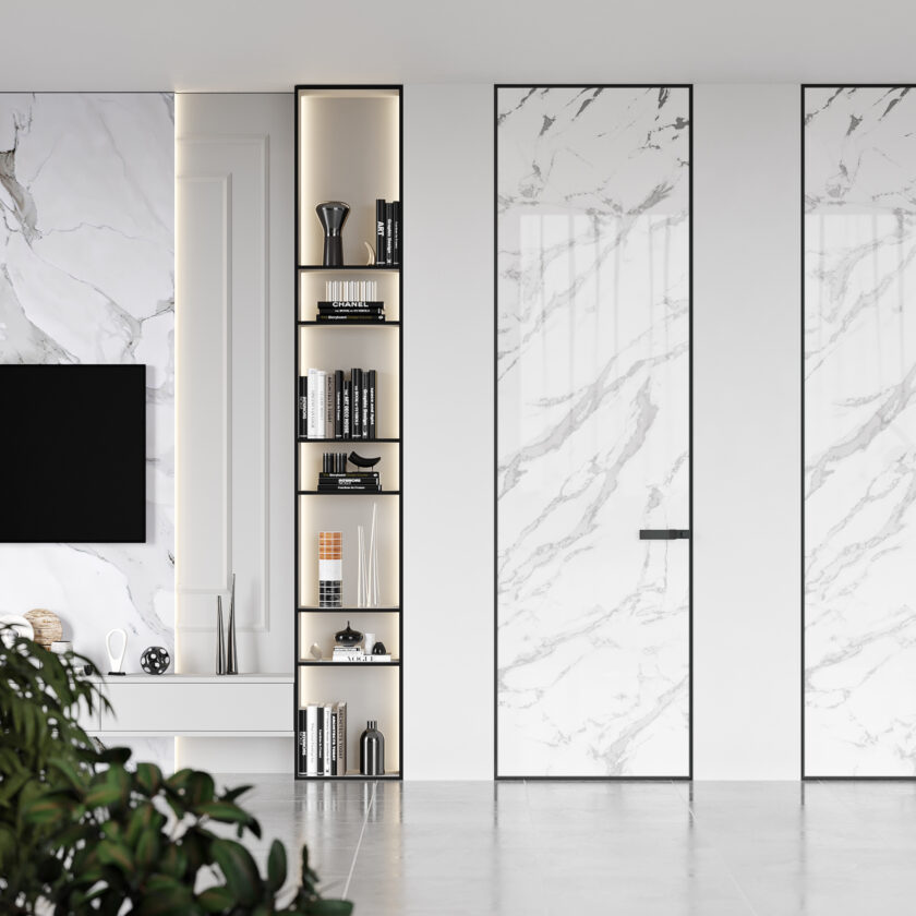 Porte invisible aspect marbre blanc