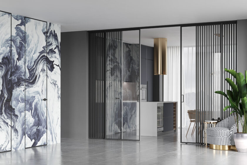 Verrière porte oculissante vitrage bloc porte mabre bleu