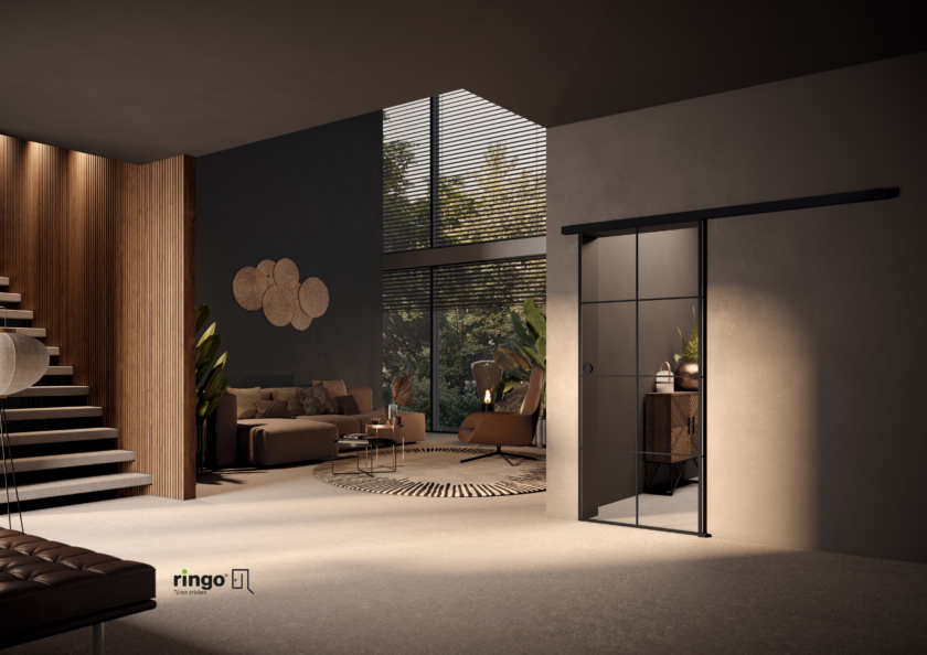 Porte noire coulissante style verrière tendance vitre teintée noire entièrement vitrée