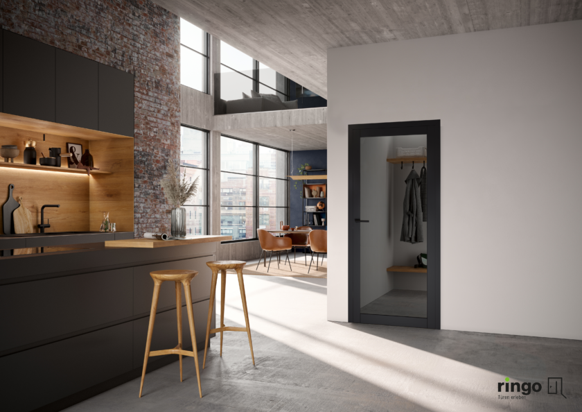 Porte chambranle noire tendance vitre teintée noire entièrement vitrée